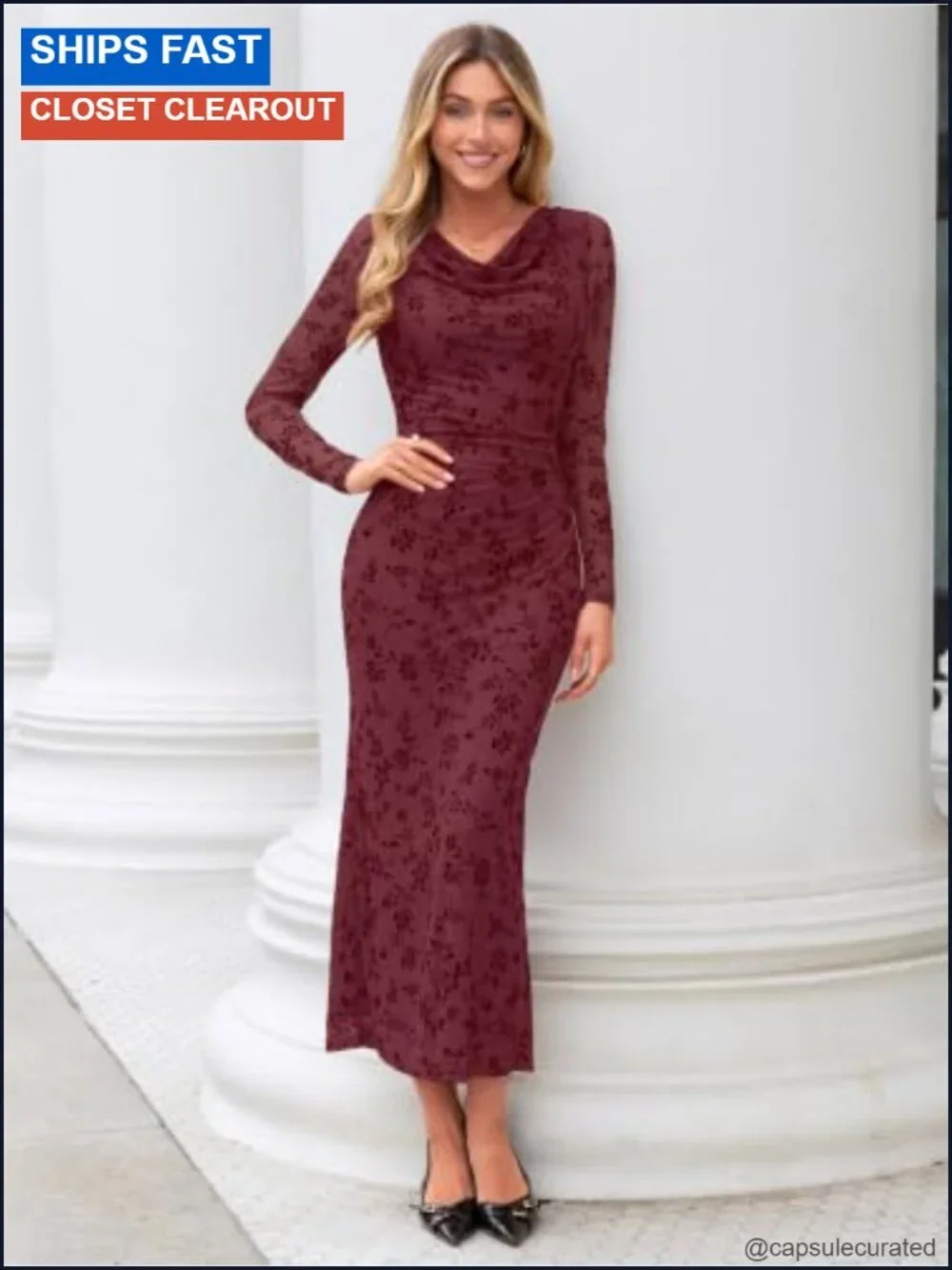 Long Sleeve Floral Bodycon Maxi Dress Cowl Neck Ruched Wedding Guest